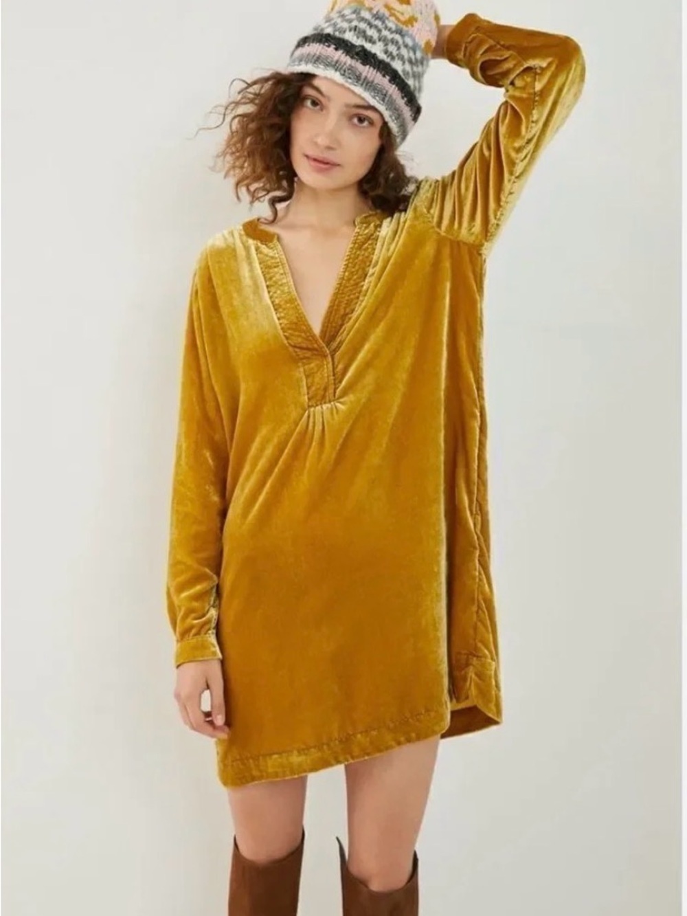 By Anthropologie Melody Velvet Tunic Dress Gold Chartreuse XS EUC - Picture 2 of 8